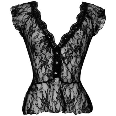 "Black Lace with Rhinestone Buttons Top Vintage Inspired"